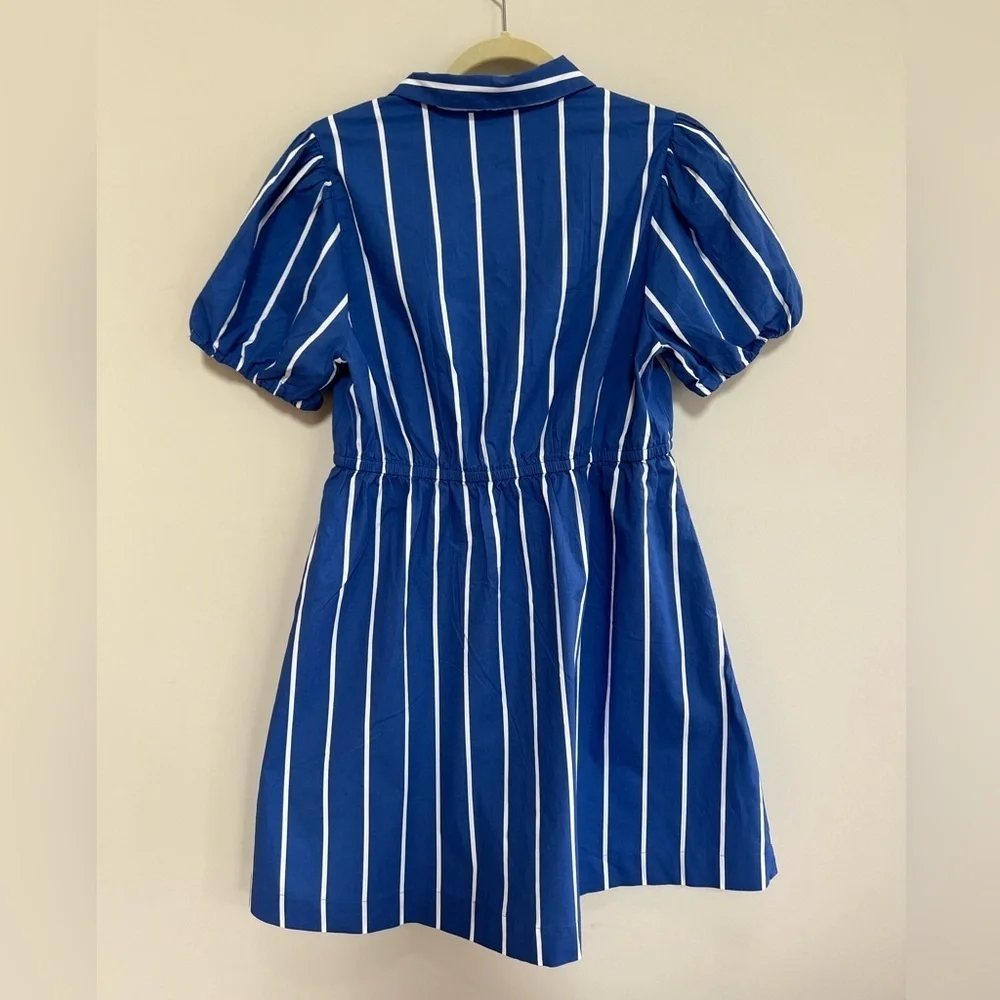 J. Crew NWT Short-Sleeve Cotton Striped Blue + White Tie-Waist Mini Dress, 10